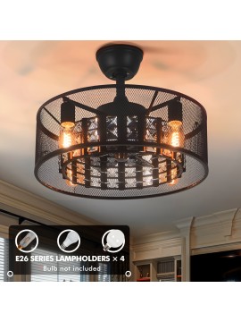 Black Industrial Style Crystal Inverter Ceiling Fan Light, Lamp Head Model: E26 * 4pcs Without Light Source, Suitable for Living Room, Restaurant, Foyer Chandelier