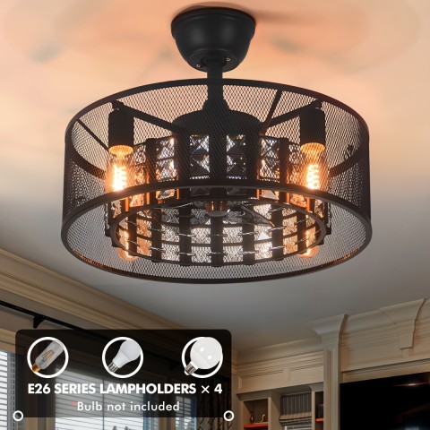 Black Industrial Style Crystal Inverter Ceiling Fan Light, Lamp Head Model: E26 * 4pcs Without Light Source, Suitable for Living Room, Restaurant, Foyer Chandelier