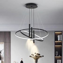 [Modern LED Chandelier] Modern Double Ring LED Chandelier | Adjustable Hanging Line, Three-Color Dimmable (Warm White/Cool Daylight/Neutral), Semi-Flush Mount or Pendant Lighting, Hardwired Ceiling Light for Dining Room, Living Room, Bedroom - Compatible with Standard Dimmer Switches