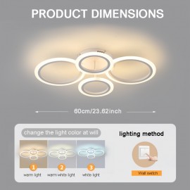 [Modern LED Ceiling Light] Modern 3-Color LED Ceiling Light | 4-Ring Acrylic Lampshade, Semi-Flush Installation, Metal, Hard Wiring, Switch Control - Suitable for Dining Rooms, Bedrooms, Living Rooms, Studies, 85V-265V