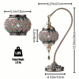 Turkish Mosaic Table Lamp, Moroccan Style Table Lamp with Metal Base 3 Colors Handmade Swan Neck Mosaic Glass Bedside Lamp for Bedroom and Living Room (LED Bulb Included)