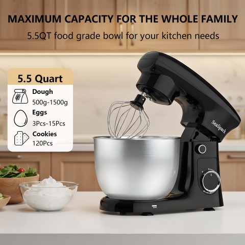 1pc Kitchen Stand Mixer, 3-IN-1 10-speed Tilting Mixer With Pulse Button, Including 5.5QT Stainless Steel Bowl, Dough Hook, Mixer, Egg Mixer, Spatula-Black