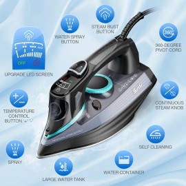 1700-Watt Steam Iron with Digital LED Screen, Ceramic Coated Soleplate, Anti-Drip & Self-Cleaning, 3-Way Auto Shut-Off, 4 Preset Steam & Temperature Settings for Various Fabrics, 300ml Water Tank, Portable Design