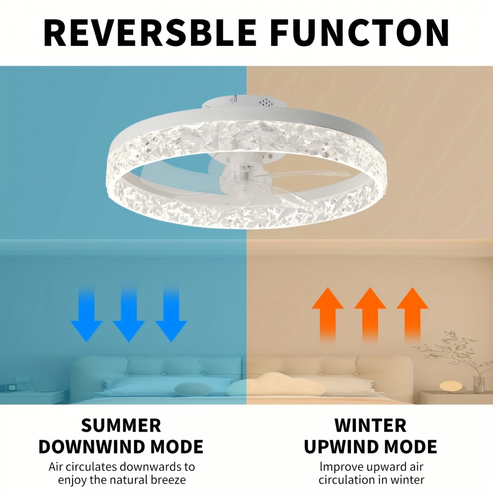 Thin Ceiling Fan with Light, 15.7-Inch Ceiling Fan with Light, Dimmable Embedded LED Fan, 3 Colors, 6-Speeds, Suitable for Bedroom, Living Room, Dining Room, Kitchen