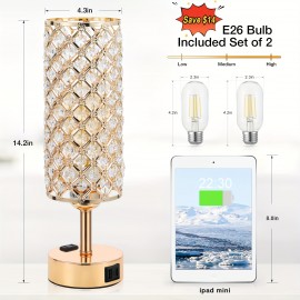 2 Golden Crystal Desk Lamps with Touch Dimmable Table Lights, USB-A+C and Single AC Two-Prong Plug, Suitable for Office, Living Room, Bedroom, with Bulb